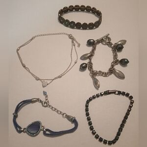 #657.  5 Piece Assorted Blue & Silver Toned Bracelet Bundle